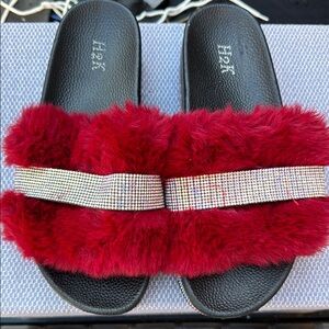H2K Women's Fluffy Fur Berry Red With Rhinestones Monica Sandals Size 10